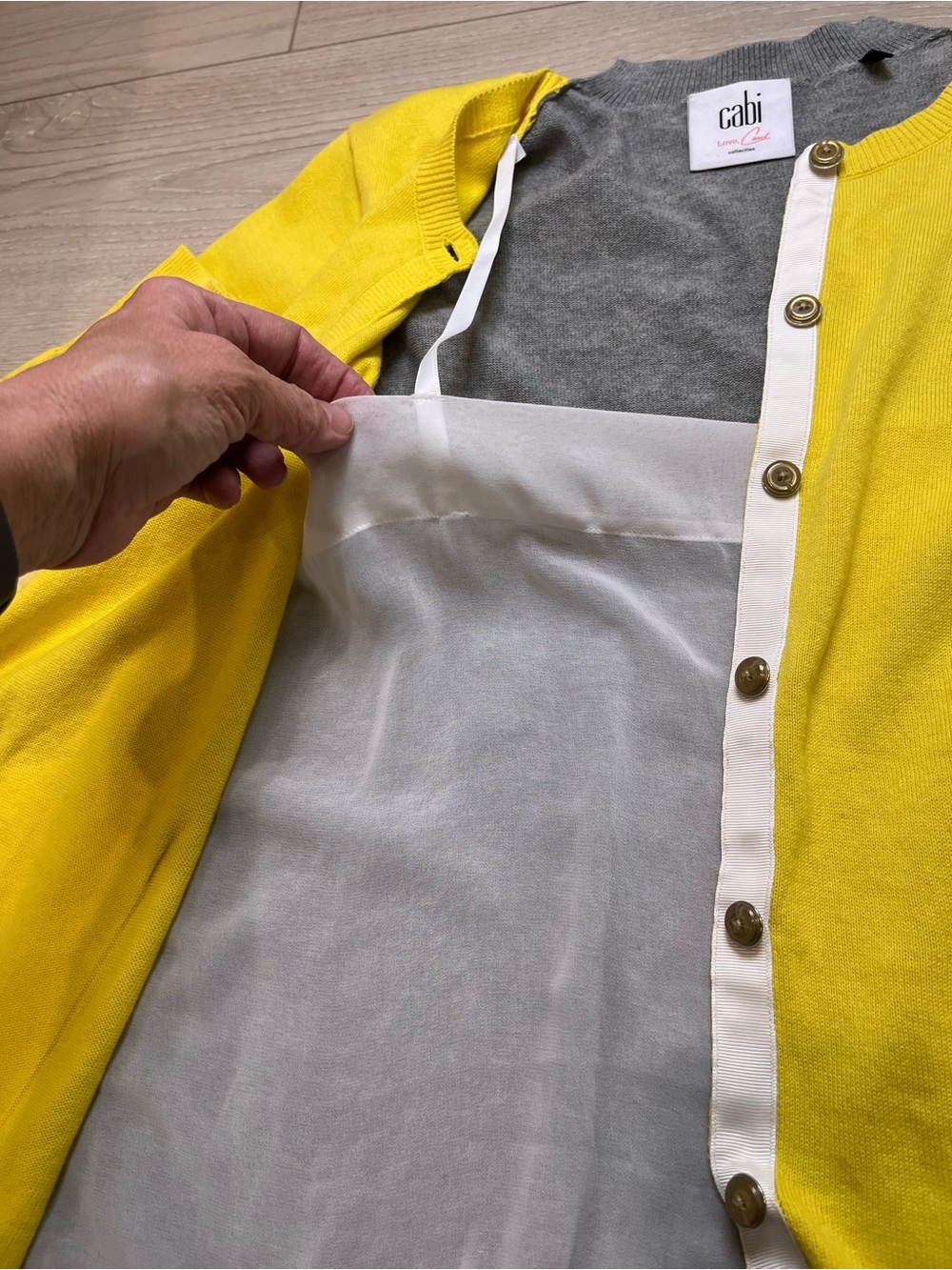 CAbi Yellow & Gray Layered-Back Button Cardigan size large - Picture 3 of 7